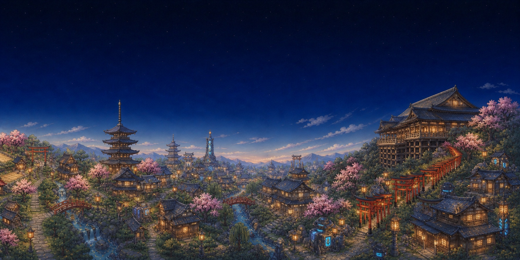 Neon Kyoto skyline and temples beneath a moonlit sky